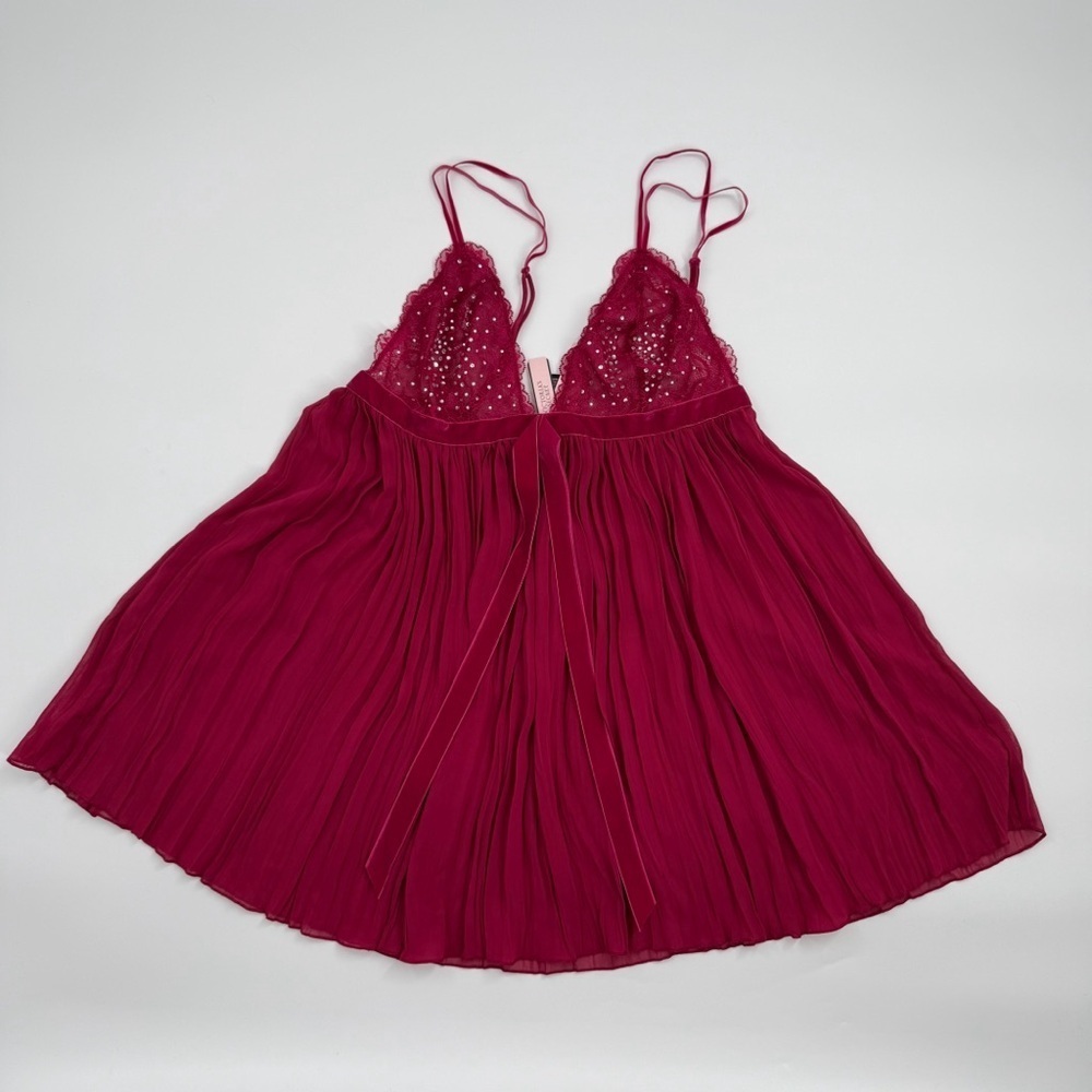 Victoria’s Secret Burgundy Pleated Babydoll Chemise with Lace & Rhinestones